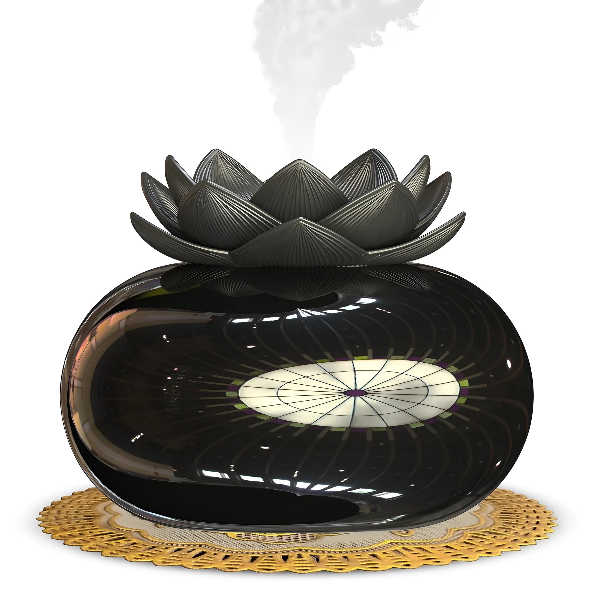 Pure black USB aromatherapy humidifier with ceramic lotus flower design on round base