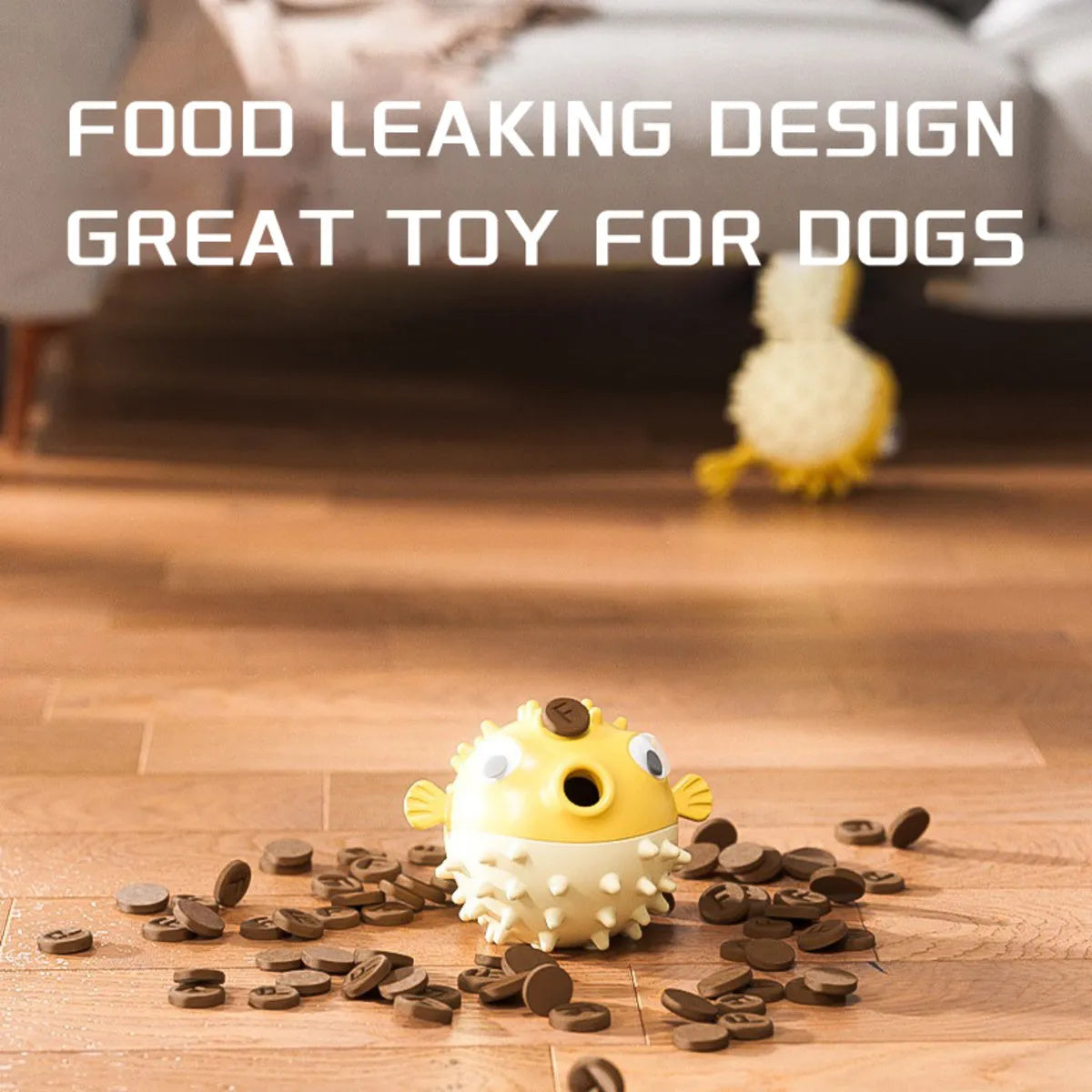 Yellow fish-shaped dog chew toy with convex texture and squeaker for aggressive chewers