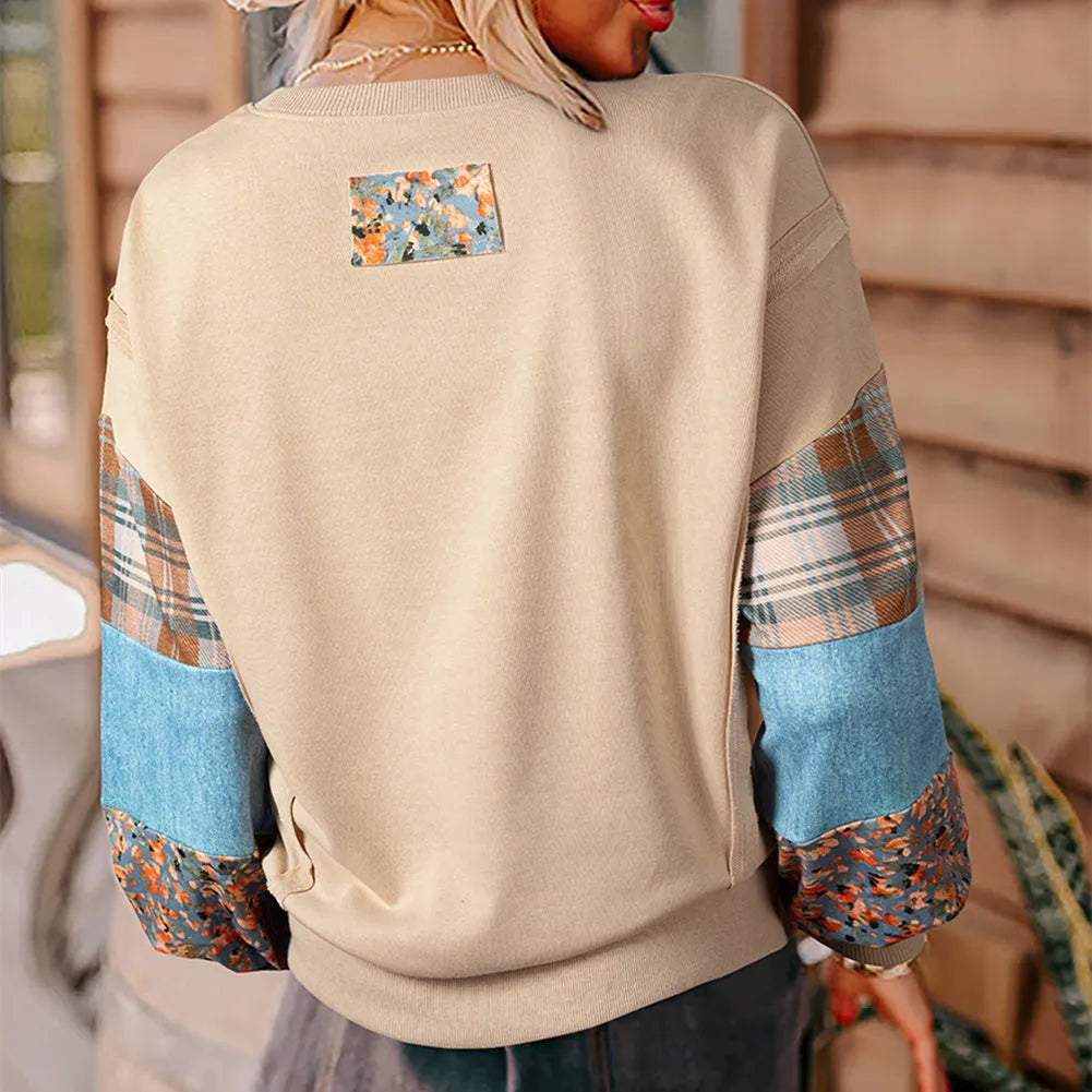 Women's plaid stitching long-sleeved loose top in apricot and red colours