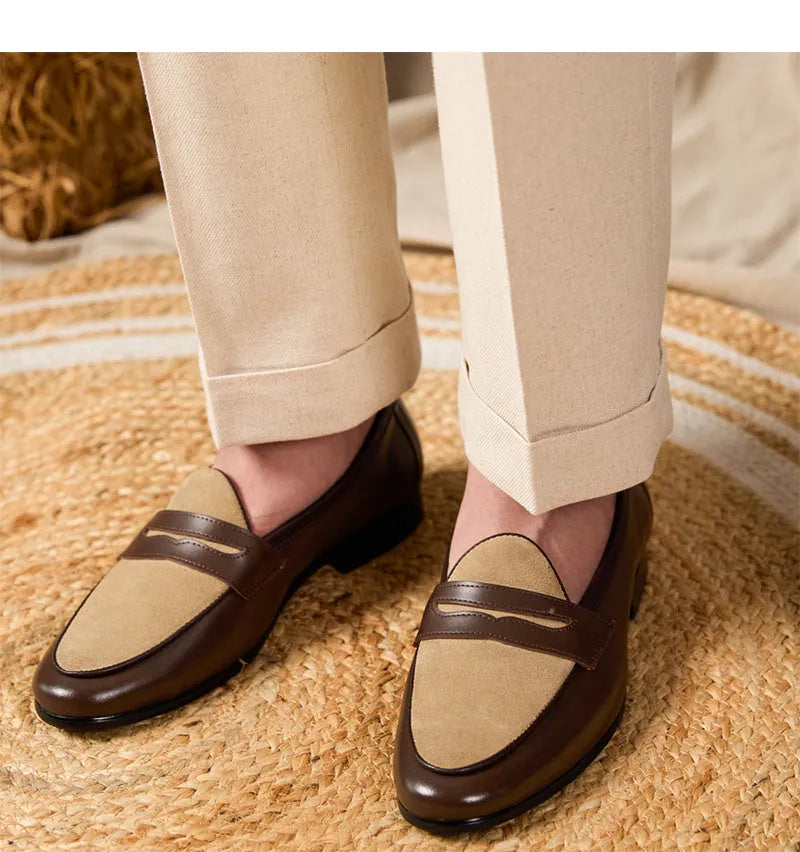 Coffee grey suede leather men's loafers with a slip-on kick closure and rubber sole.
