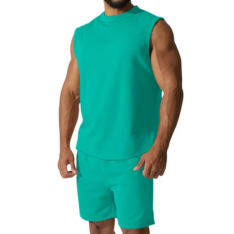 Men's sleeveless sports suit two-piece set in cotton blend fabric showing top and matching shorts