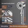 Silver portable shower head with multiple spray functions including massage and bubble settings