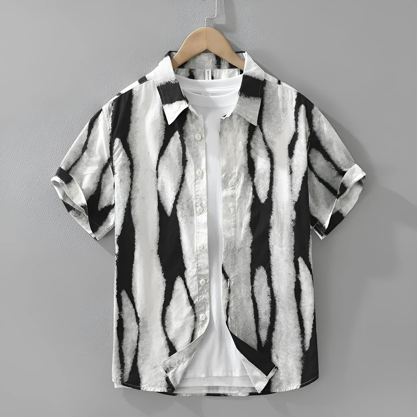 A black and brown striped short sleeve casual shirt made from pure cotton on a hanger.