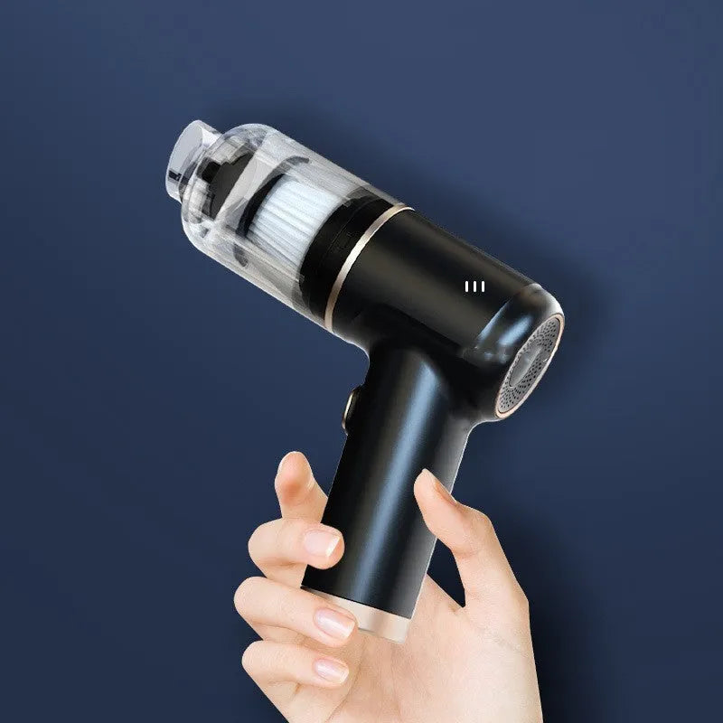 Black wireless handheld car vacuum cleaner with multiple nozzle attachments on a black background
