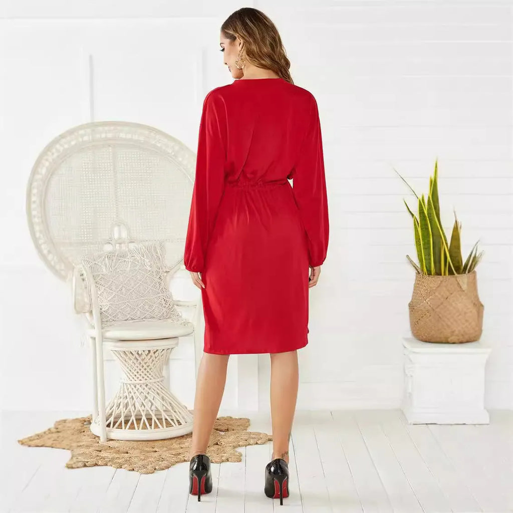 Black A-line midi dress with elastic waist and detachable belt for office wear