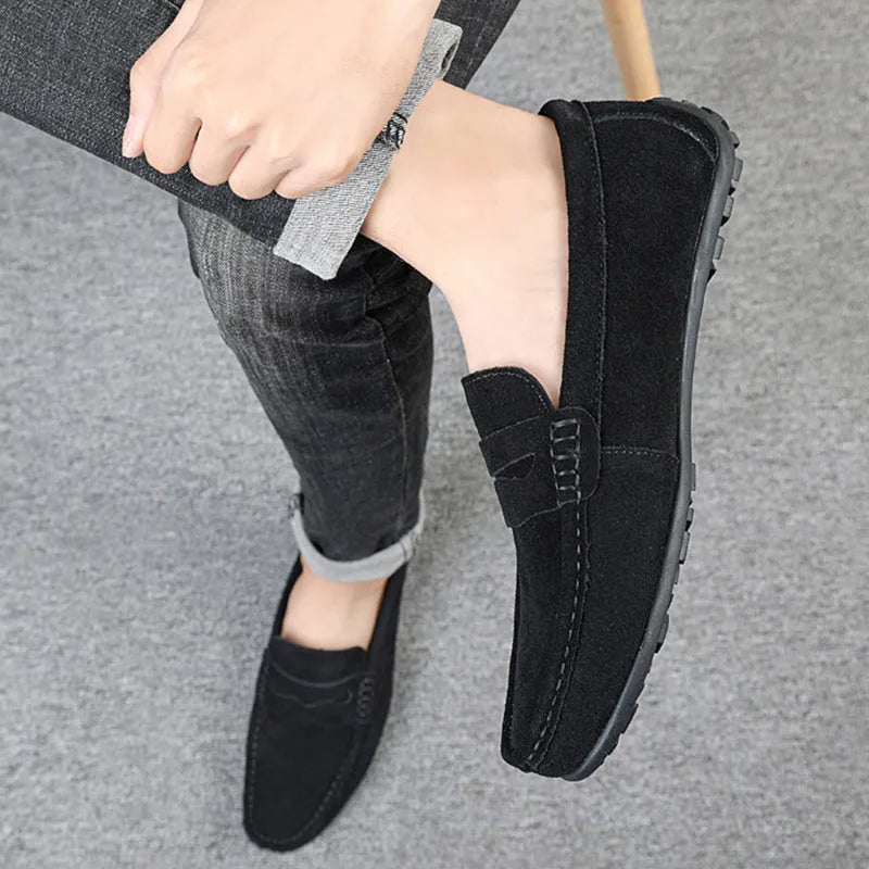 Men's solid colour suede loafers slip-on casual shoes with round toe and flat heel