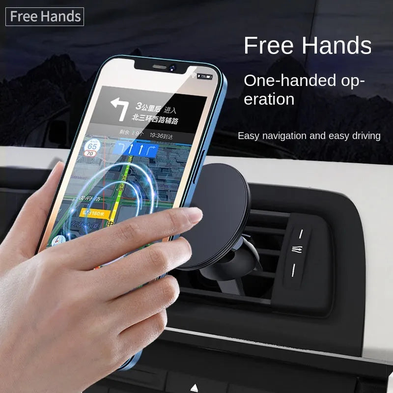 Black aluminium alloy car dashboard magnetic phone holder with air vent clip mounting