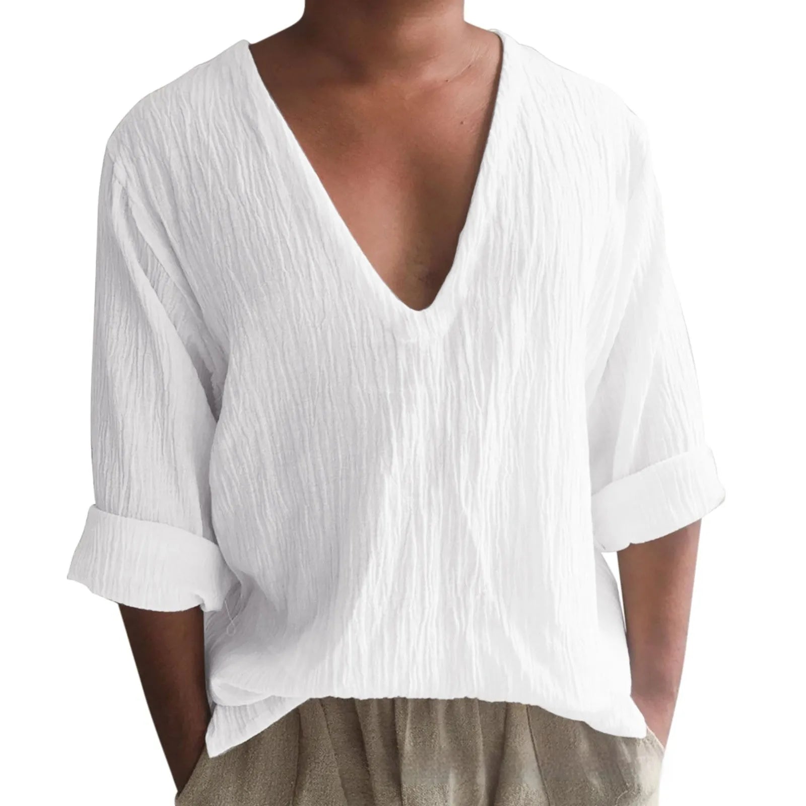 Men's long sleeve V-neck t-shirt in washed cotton fabric, solid colour options on hanger