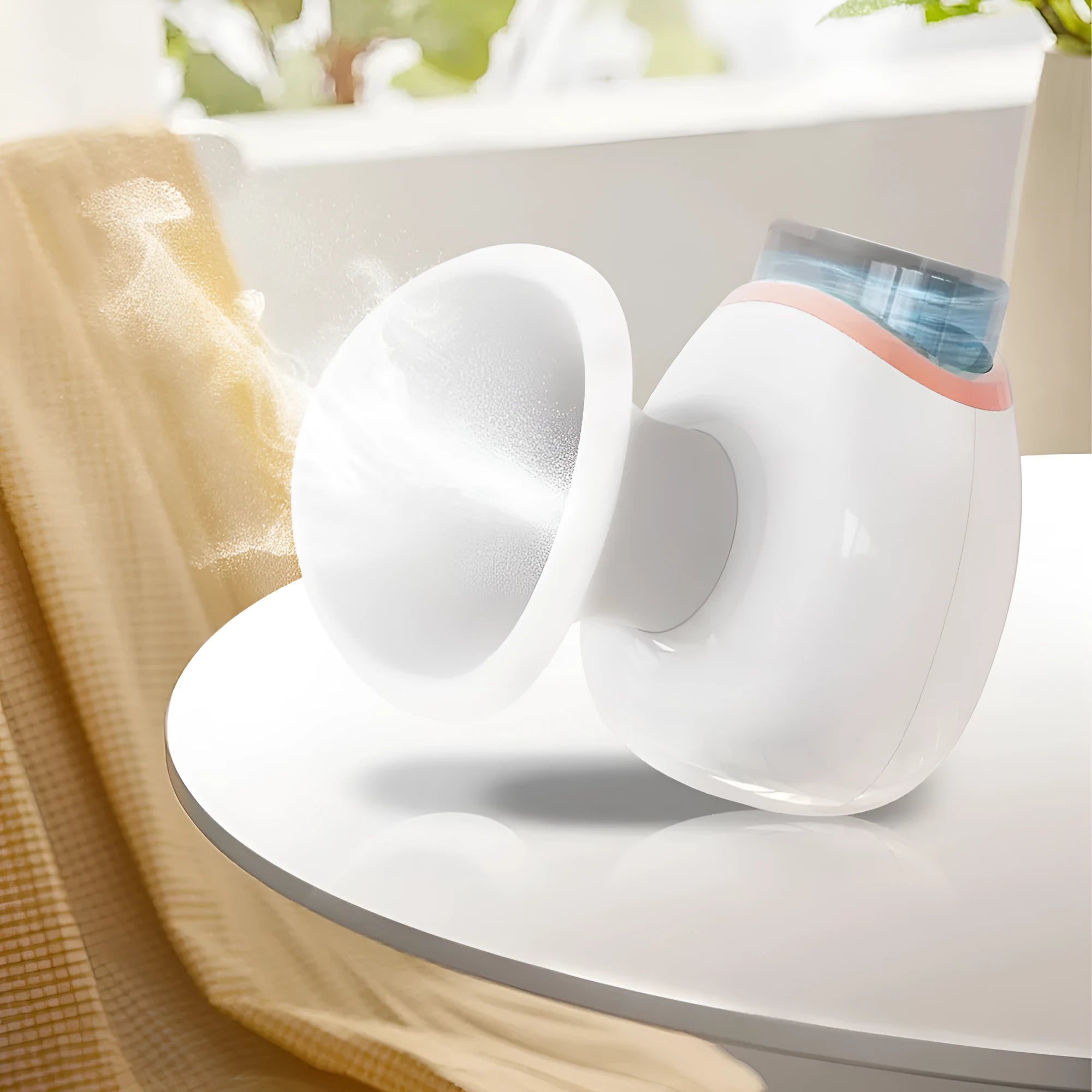 White and purple rechargeable eye humidifier with USB charging cable