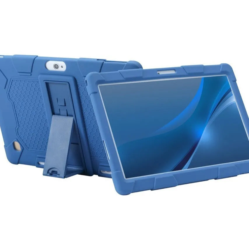 Little Overlord H10 Pro M20 10.1-inch tablet in a black silicone protective case with a folded-out stand on the back.