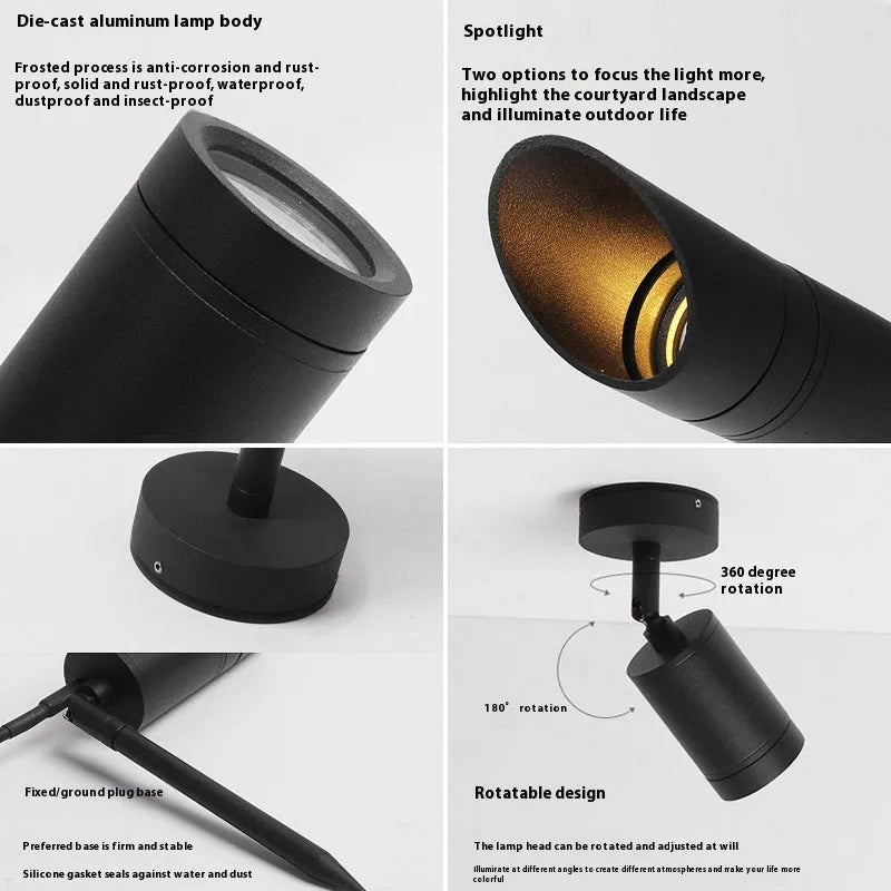 Aluminium outdoor ground lamp with spike base for garden installation featuring IP65 waterproof rating