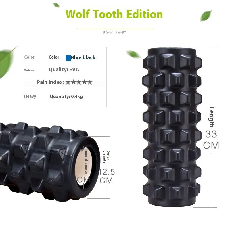Black 33cm fitness foam roller with six gear massage bar pieces on grey background