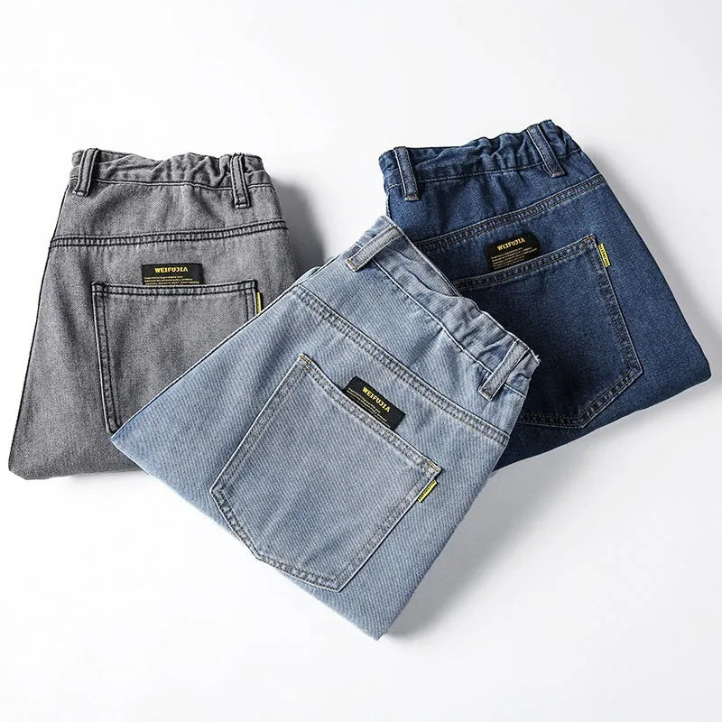 Men's loose straight casual jeans in dark blue, light blue, and grey colour options