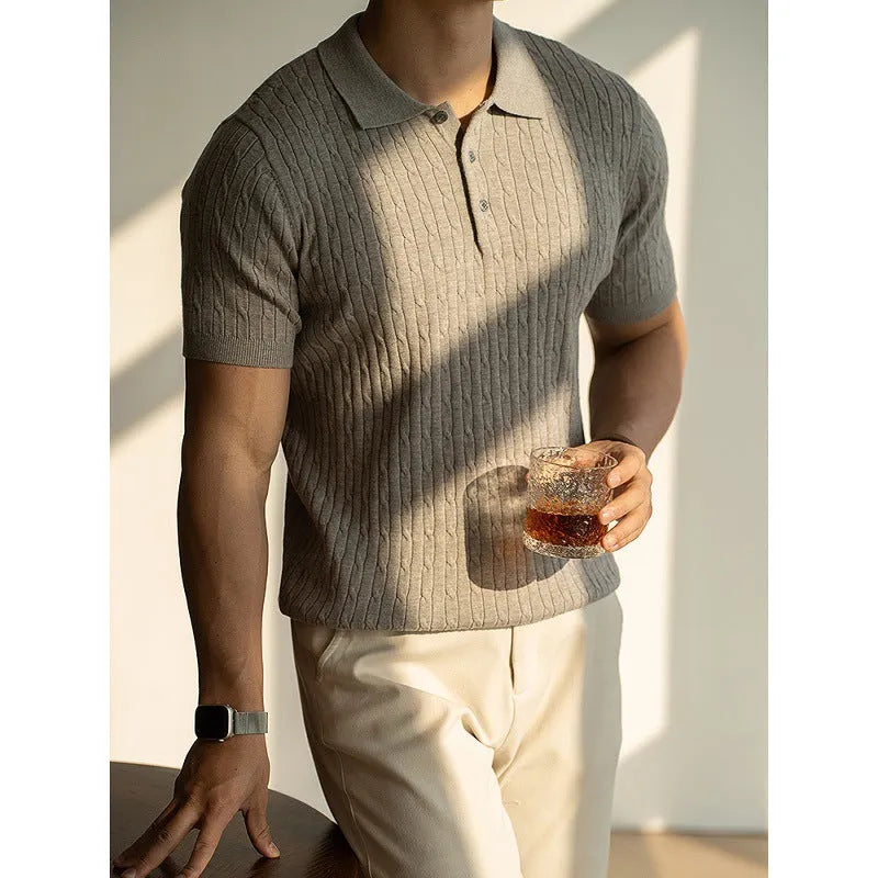 Men's khaki coloured short sleeve business top made from a polyester blend fabric.