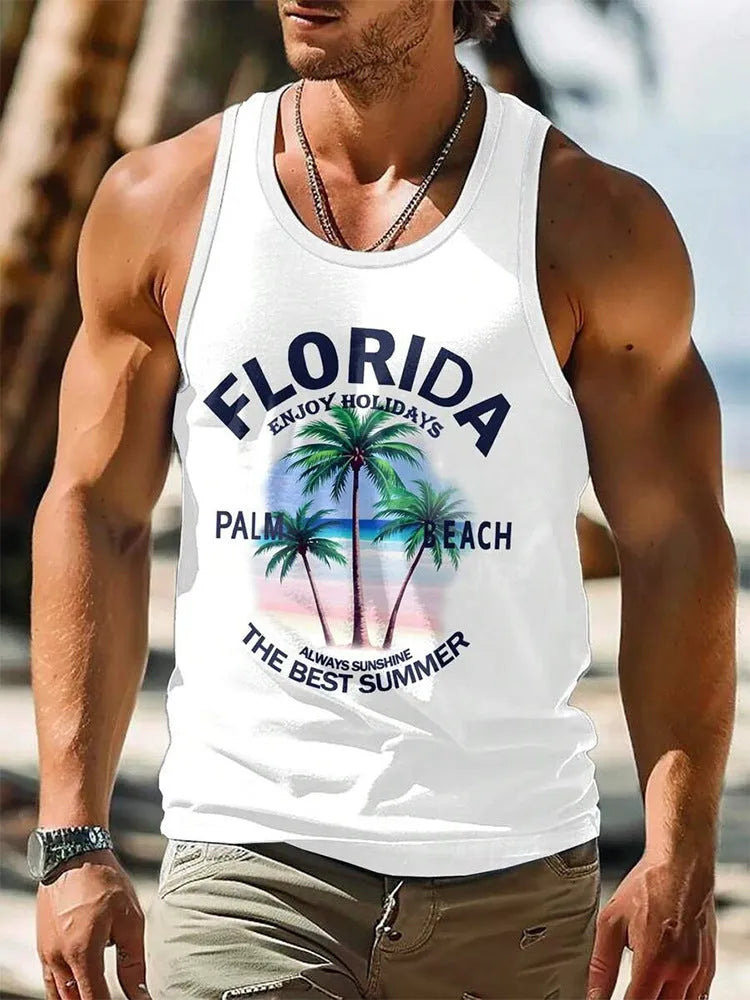 Men's 3D printed Hawaiian-style sleeveless vest in polyester pinhole cloth showing solid colour option