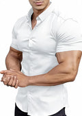 Men's short sleeve printed casual shirt in cardigan style with collar, available in multiple colours