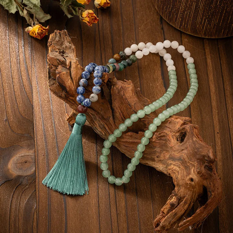 Vintage tassel bohemian style natural stone beaded long sweater chain necklace with geometric beads
