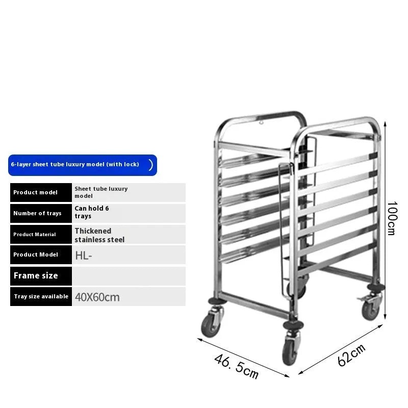 Stainless steel six-layer baking tray rack with lock feature for 40x60cm commercial trays