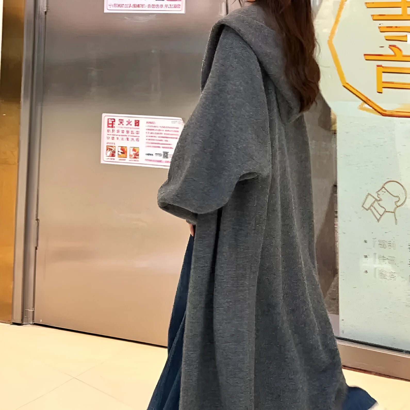 Korean style women's long hooded knit cardigan in oatmeal colour, loose fit.