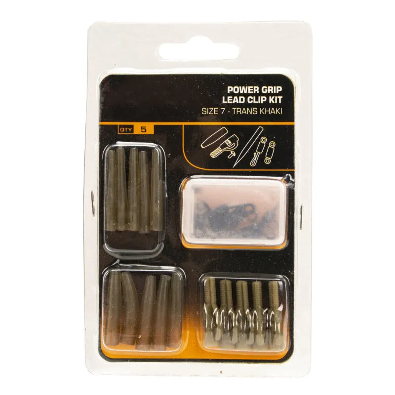 30 piece European carp fishing accessory set with components organised on card