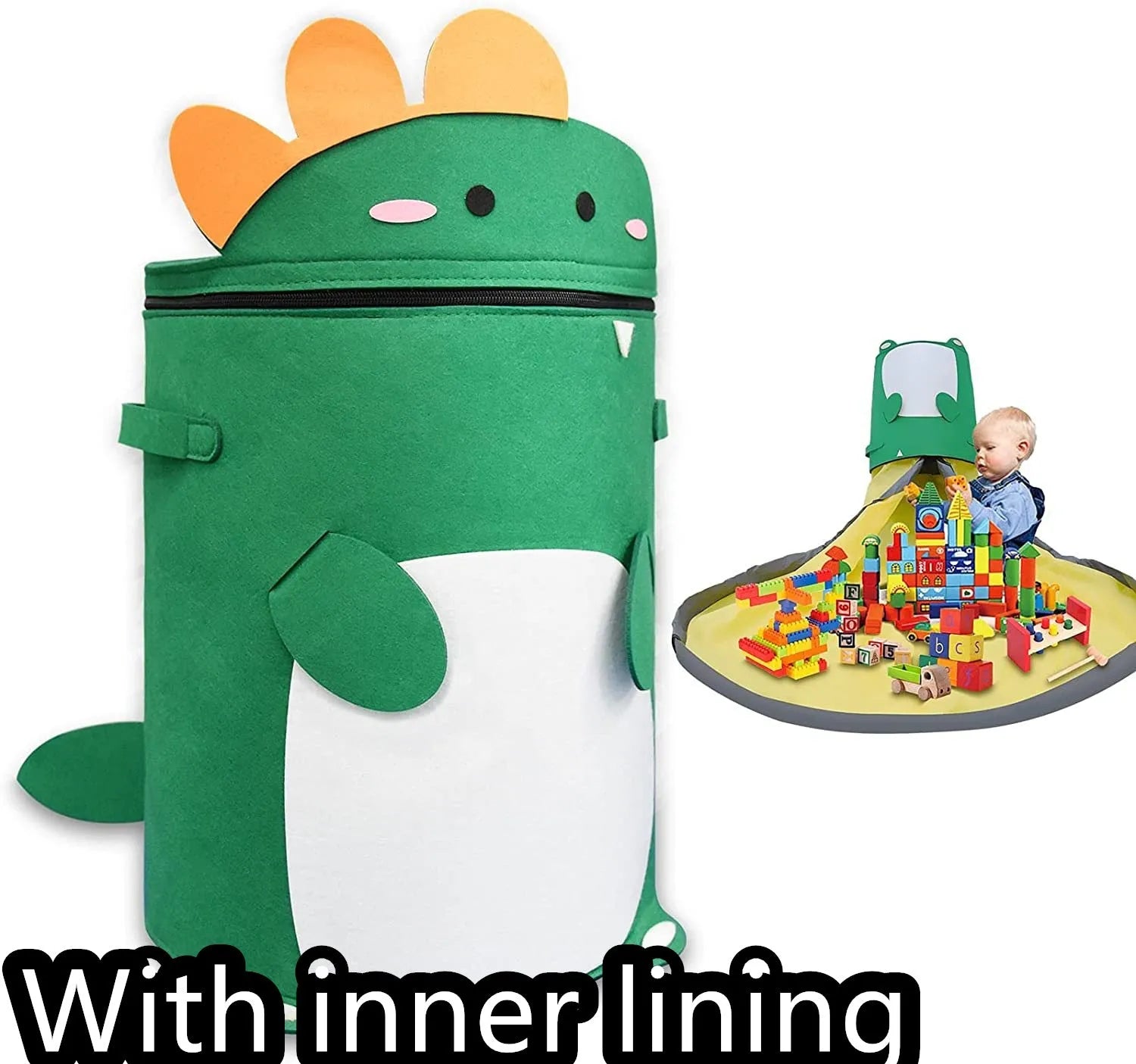 Green felt cube storage bag with pull rope serving as toy organiser and play mat