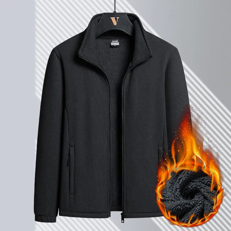 Men's grey berber fleece coat with stand-up collar and zippered front