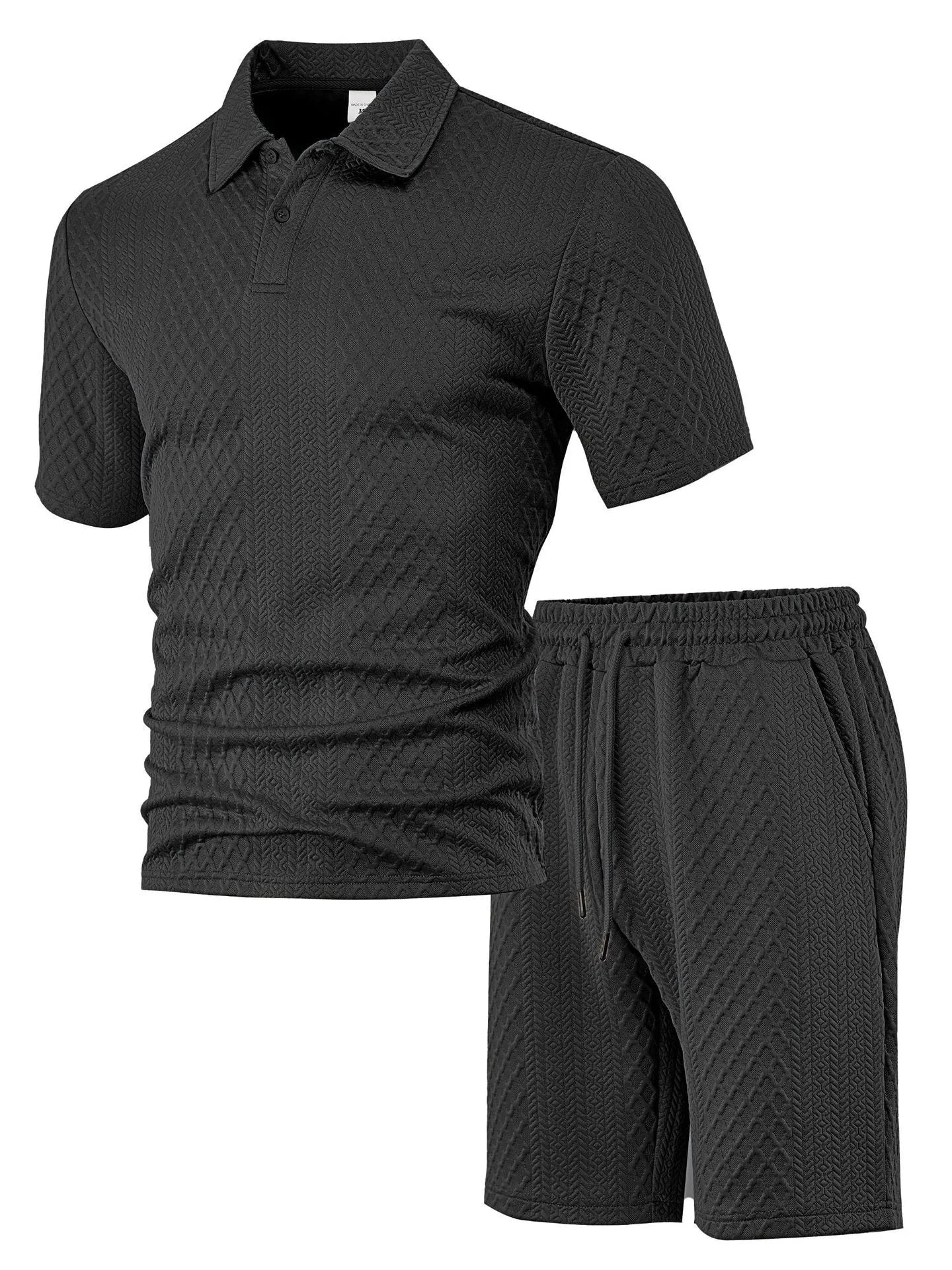 Men's figured cloth short sleeve suit with polo shirt and matching trousers in sports leisure style