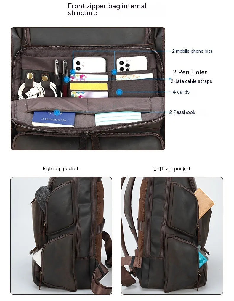 Dark brown genuine leather 17-inch laptop backpack with double shoulder straps and embossed finish