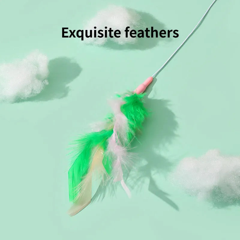 Interactive cat feather wand toy with bells and colourful feathers on durable wand with comfortable grip handle