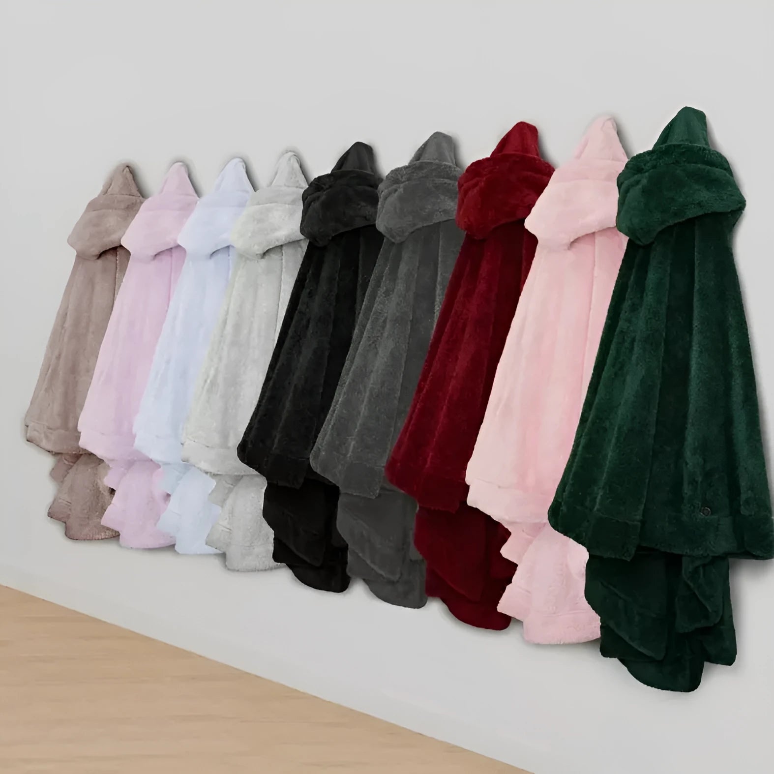 A hooded long sleeve bathrobe in super thick polyester fabric, shown in a cardigan style.