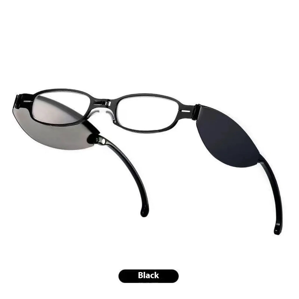 Folding pocket presbyopic glasses in black and silver retro frames with ring detailing