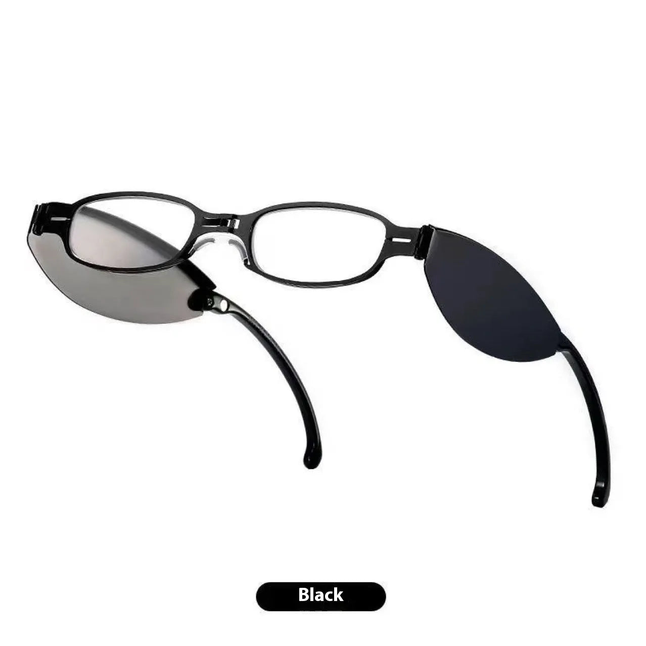Folding pocket presbyopic glasses in black and silver retro frames with ring detailing