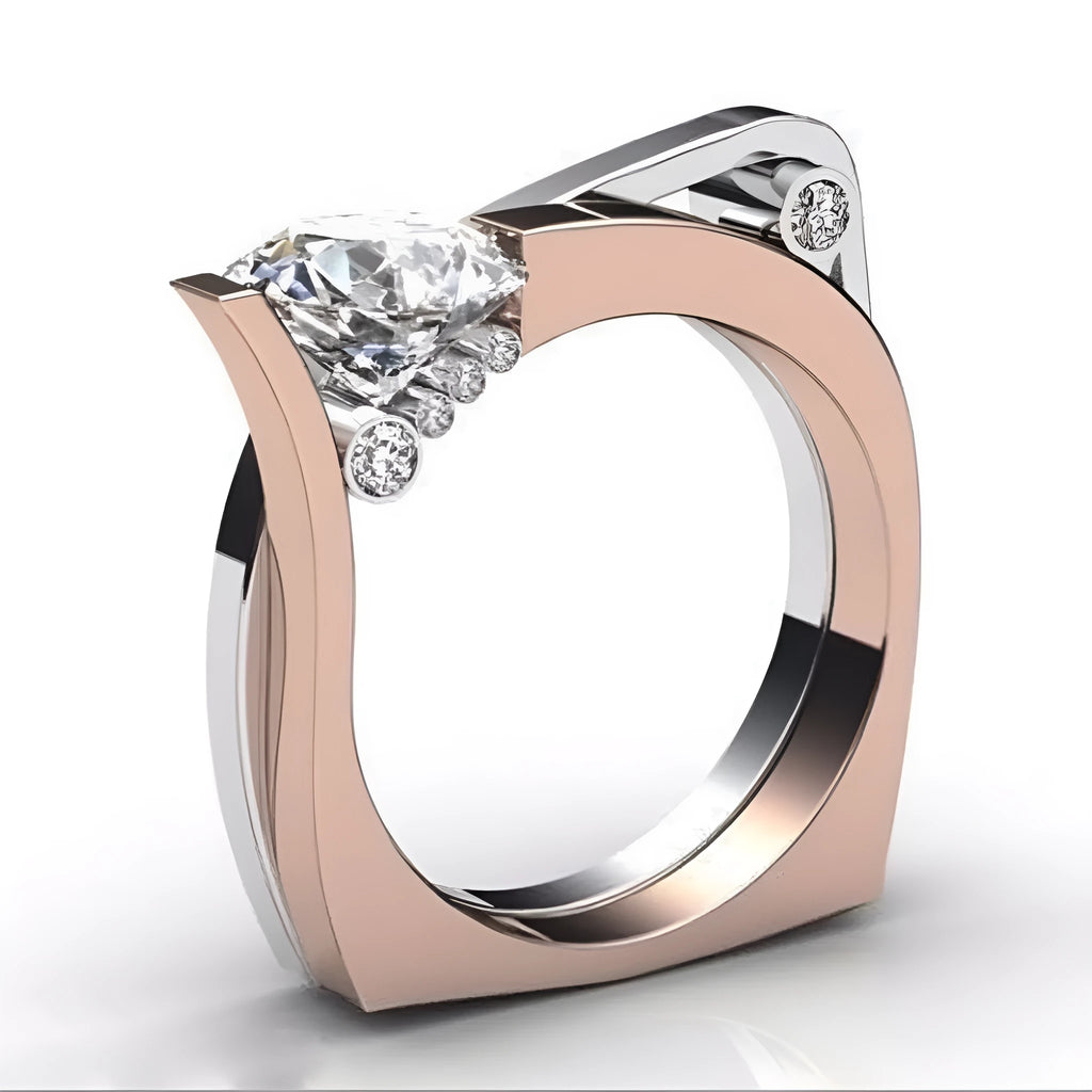 Rose gold geometric alloy couple ring with inlaid zircon stone, shown on a finger.