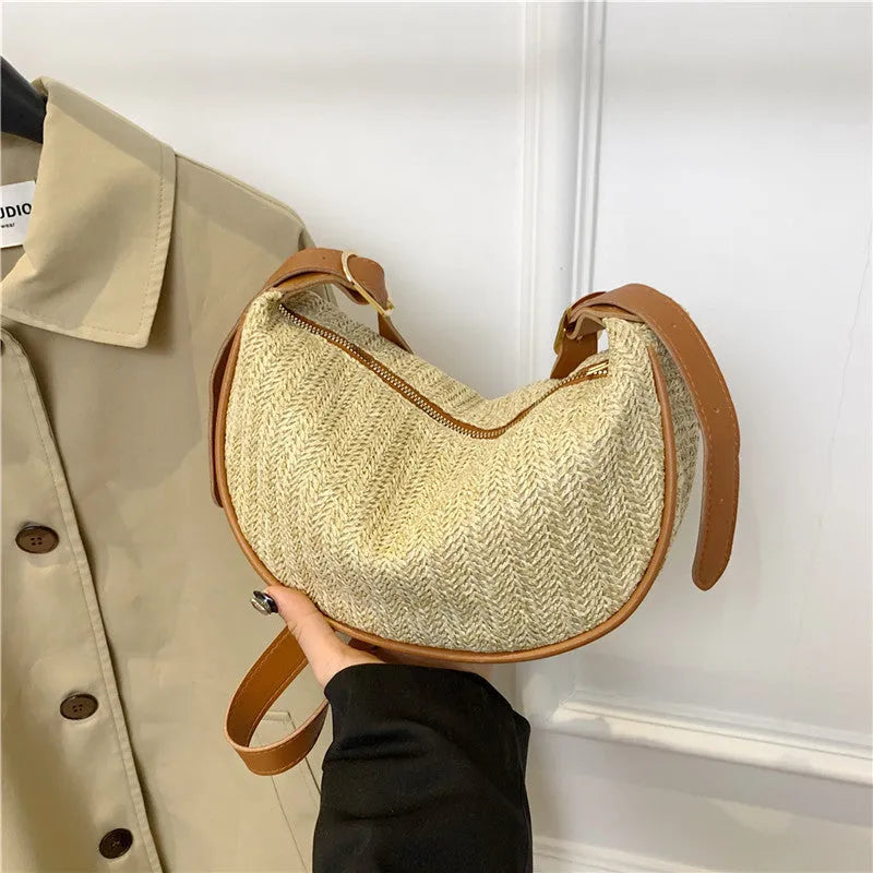 Women's knitted straw woven crossbody bag with internal compartments in corrugated brown colour