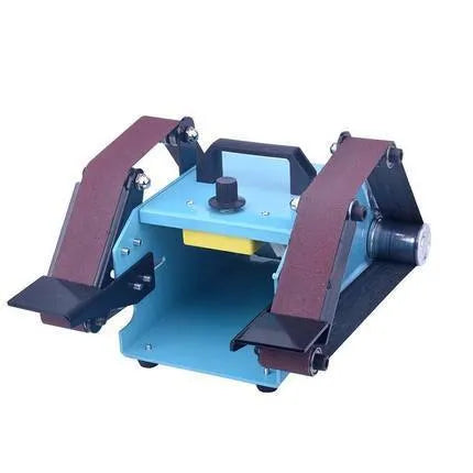Blue desktop dual-axis belt sander with motor and abrasive belt, for knife sharpening and workshop use