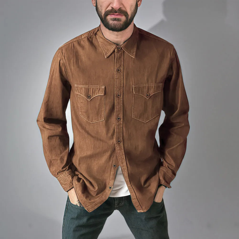 Men's regular fit denim cardigan coat in khaki colour with button front.