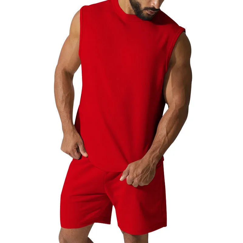 Men's sleeveless sports suit two-piece set in cotton blend fabric showing top and matching shorts