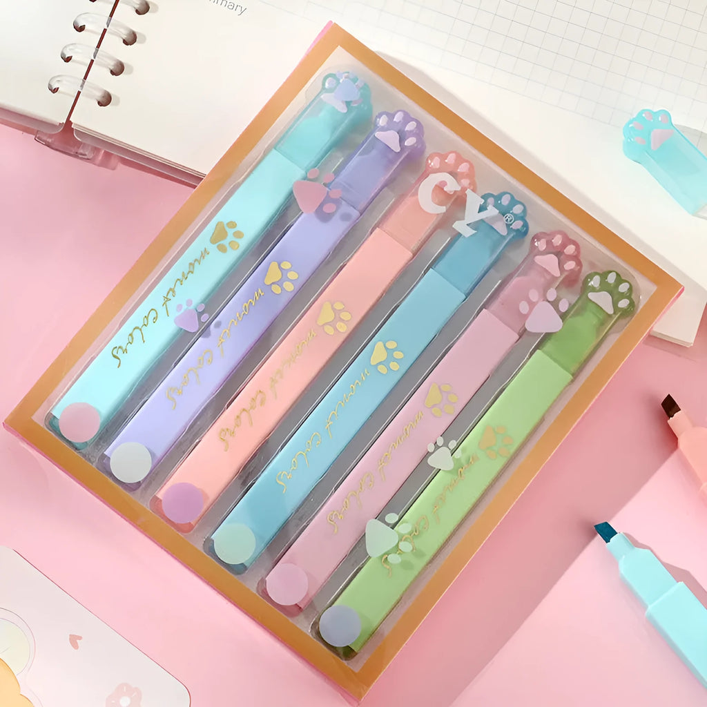 Cat's Paw set of six fluorescent marking pens with oblique heads in assorted colours