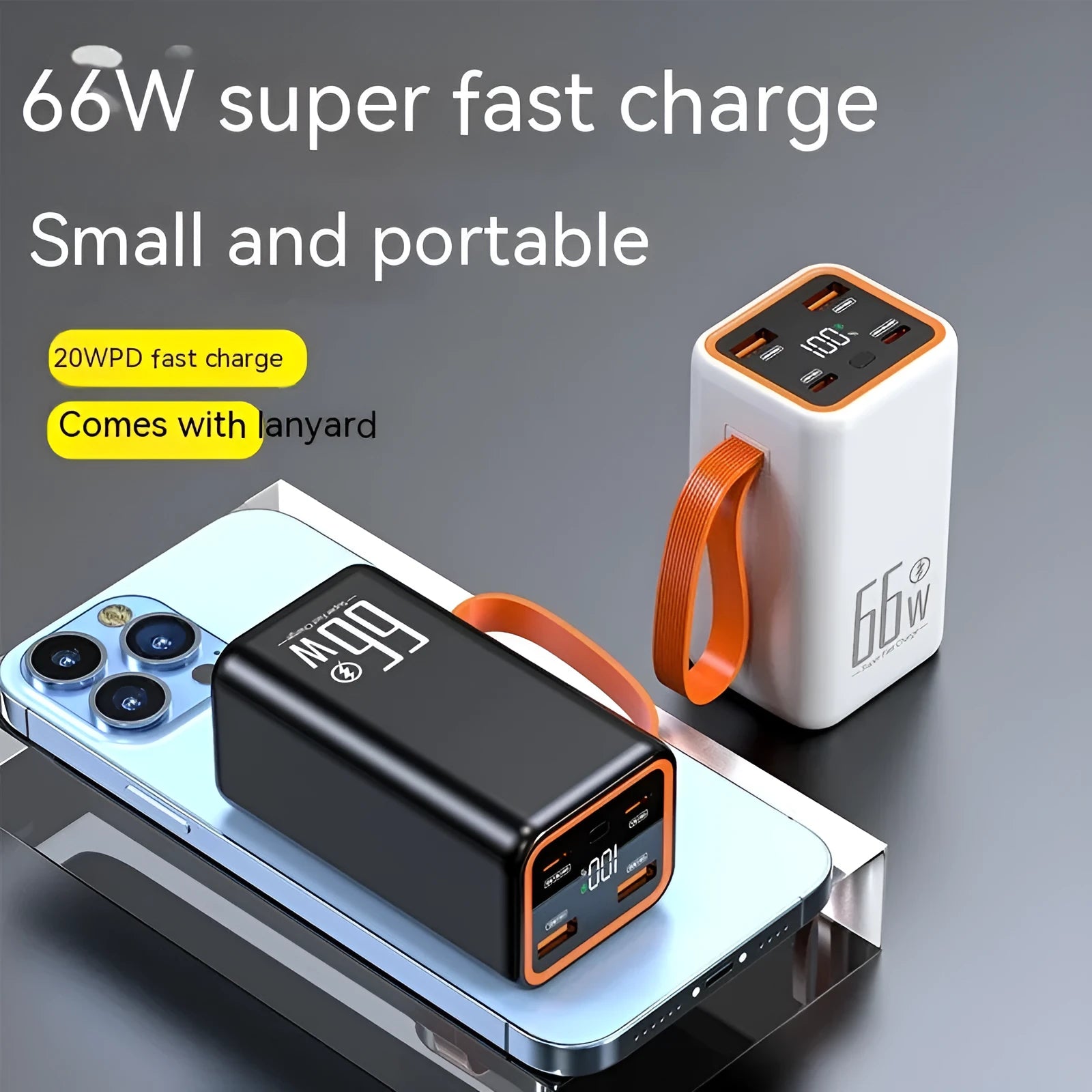 PD66W fast charge 20000mAh power bank in black or white plastic case