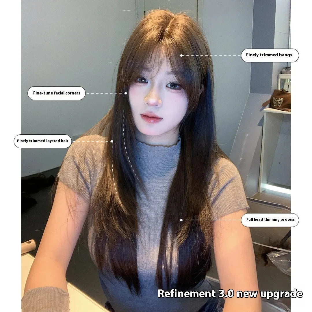 Full-head layered long straight hair wig in cold brown colour with natural styling