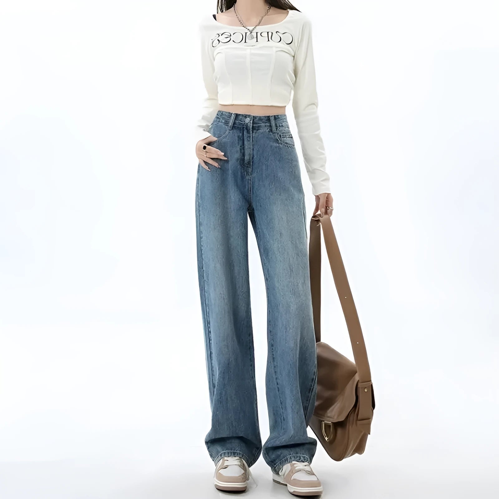 Women's retro blue high-waist wide-leg jeans laid flat, showing straight leg cut and denim texture.