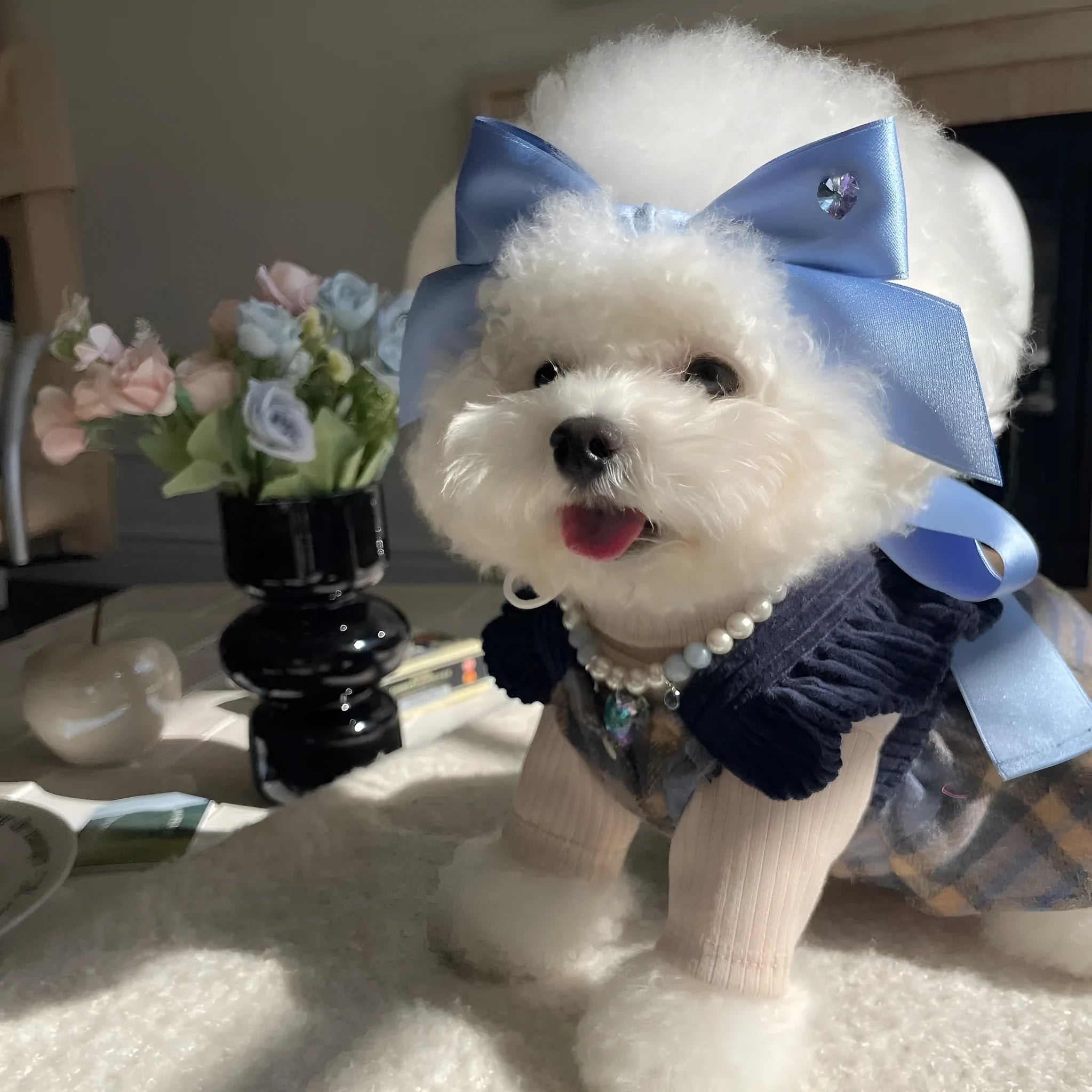 Princess style dog hair band with adjustable bow on jacquard woven polyester cotton ribbon