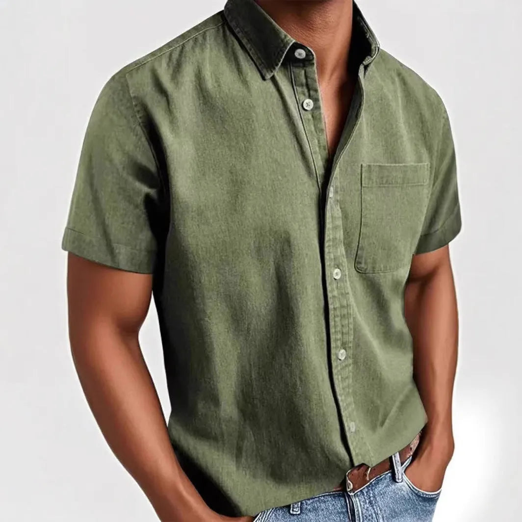 Men's loose fit short sleeve shirt in cotton blend fabric showing single-breasted cardigan styling
