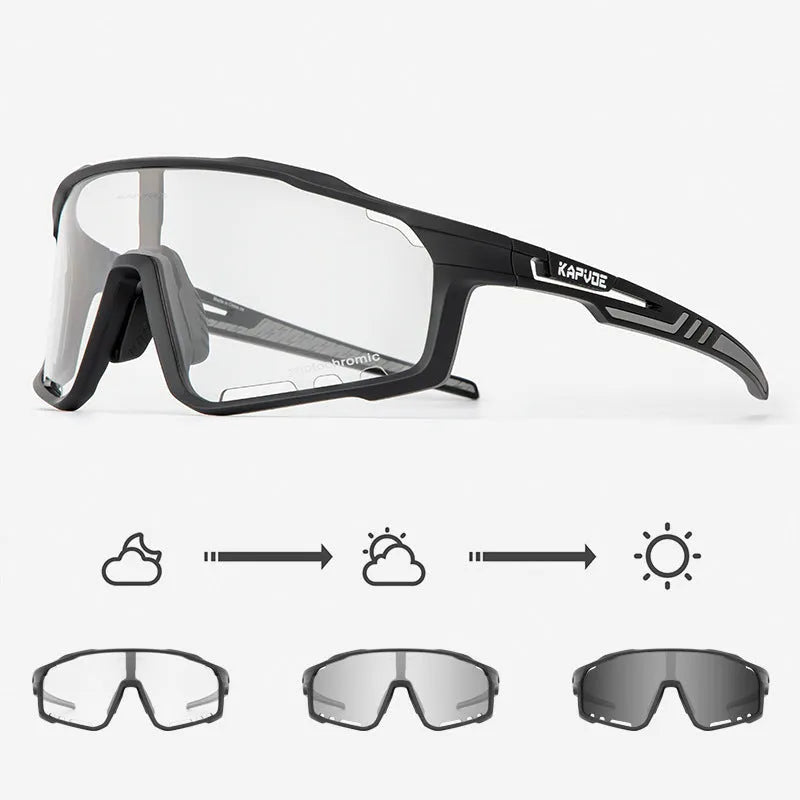 Photochromic cycling sunglasses with a semi-rimless TR90 frame on a solid colour background.