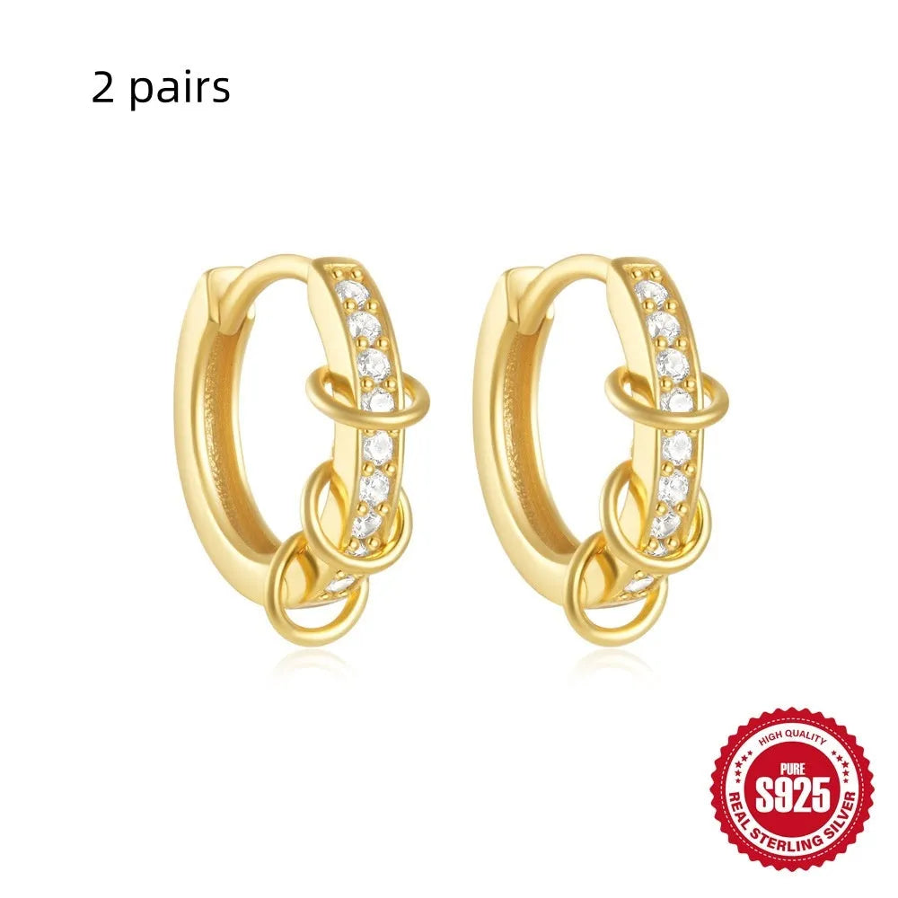 Sterling silver geometric stud earrings with small round diamond accent in gold or silver finish