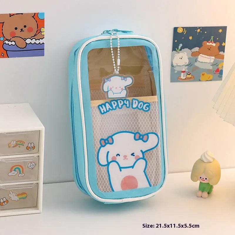 Transparent cartoon pencil case with large capacity and vertical South Korea style patterns