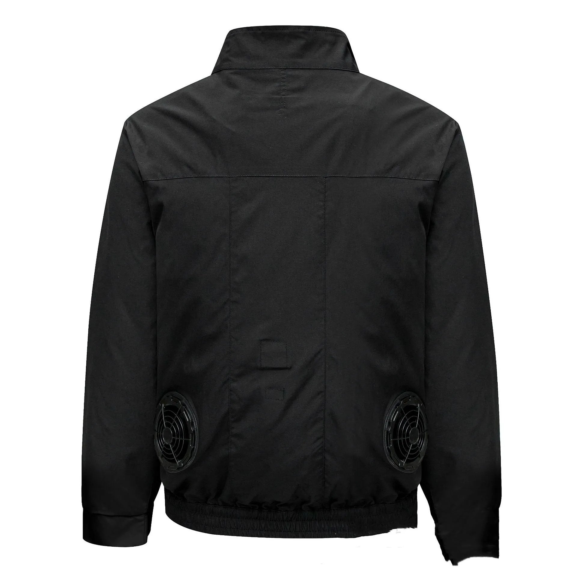 Men's black summer cooling work jacket with integrated fan and multiple ventilation holes on front.