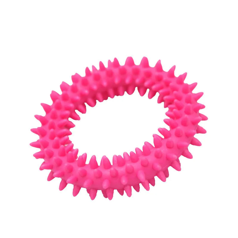 Blue TPR spiky ring dog chew toy with dental cleaning nubs on a white background