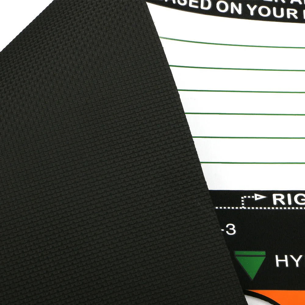 Black neoprene golf swing stance alignment pad with directional markings for training.