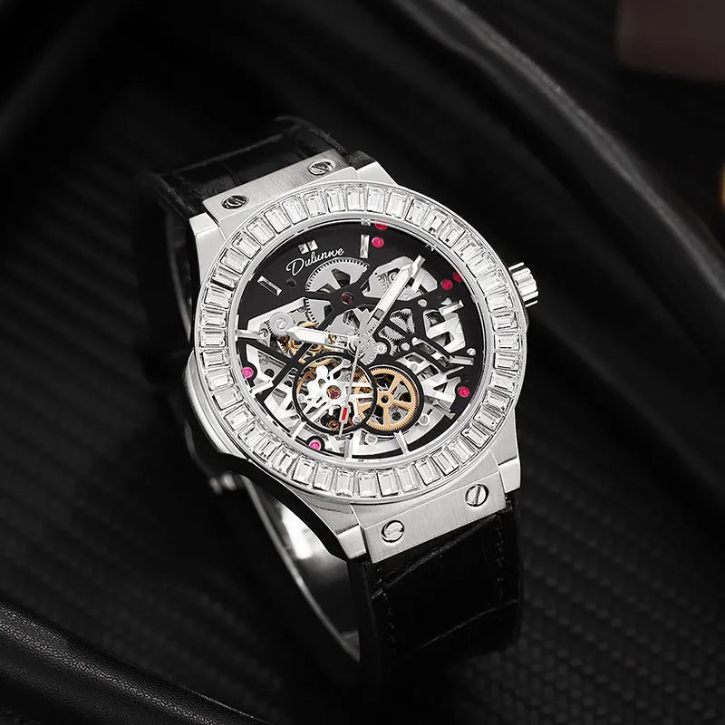 Men's automatic mechanical watch with hollow movement and diamond studs on white shell case with leather strap